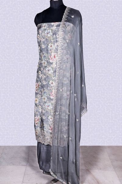 Floral Printed Grey Muslin Unstitched Suit Set