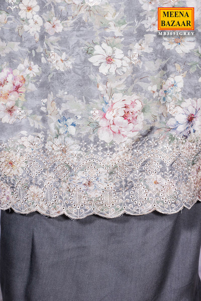 Floral Printed Grey Muslin Unstitched Suit Set