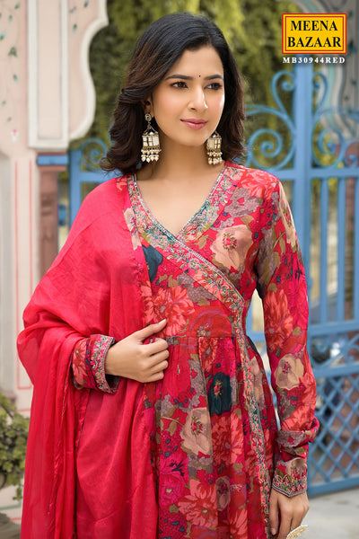 Red Chinon Floral Printed Floral Threadwork Embroidered Suit