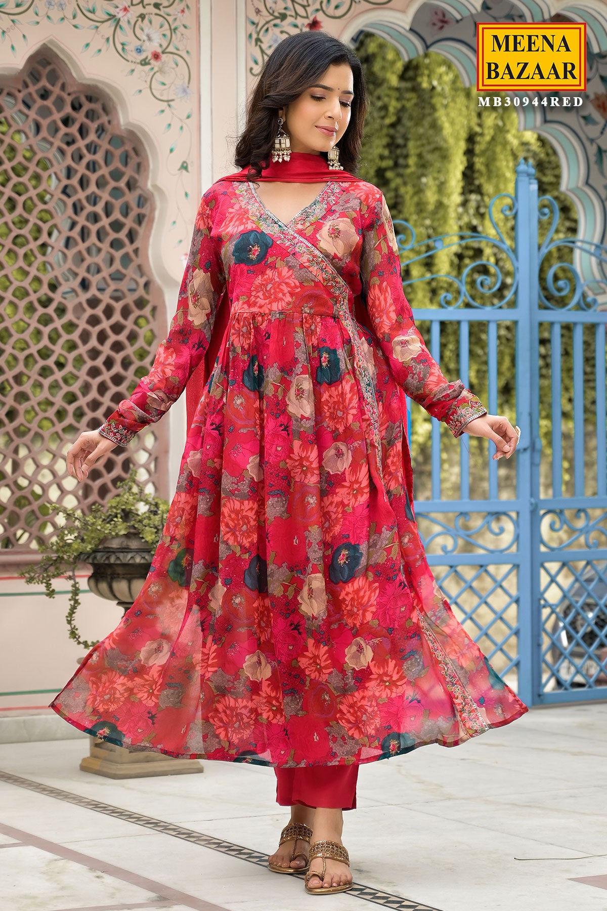 Red Chinon Floral Printed Floral Threadwork Embroidered Suit