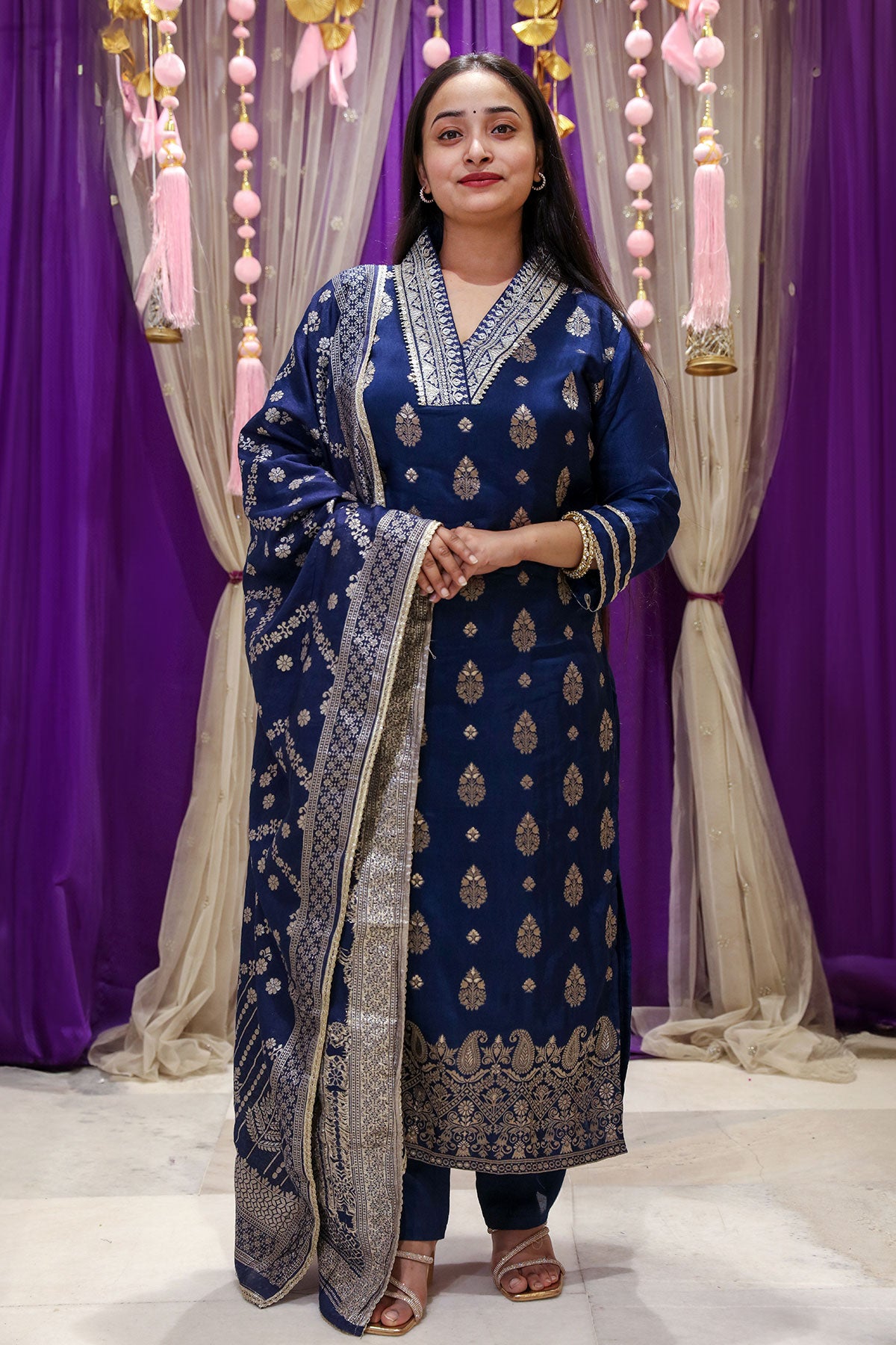 Navy Silk Neck-Embroidered Zari Sequin Suit Set