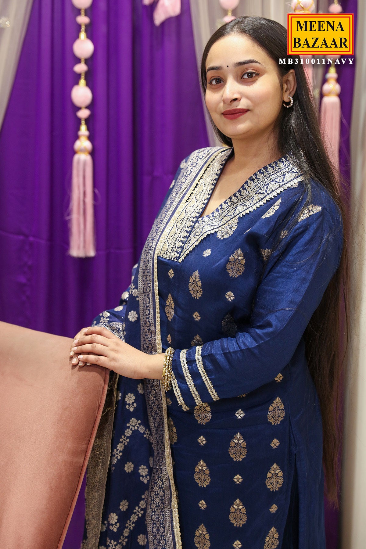 Navy Silk Neck-Embroidered Zari Sequin Suit Set