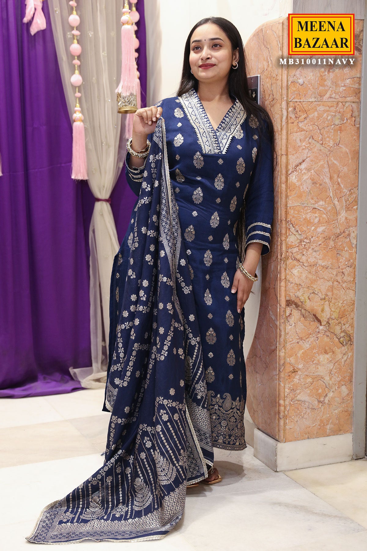 Navy Silk Neck-Embroidered Zari Sequin Suit Set