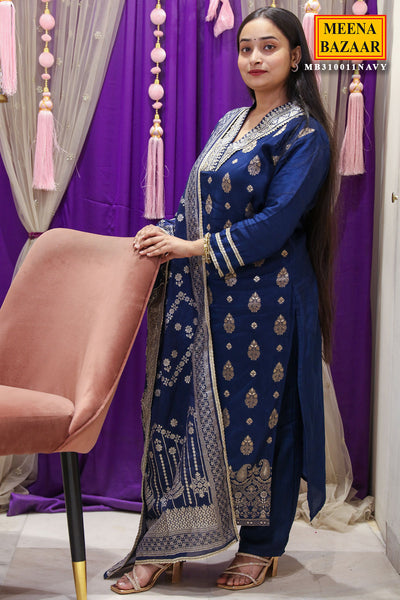 Navy Silk Neck-Embroidered Zari Sequin Suit Set