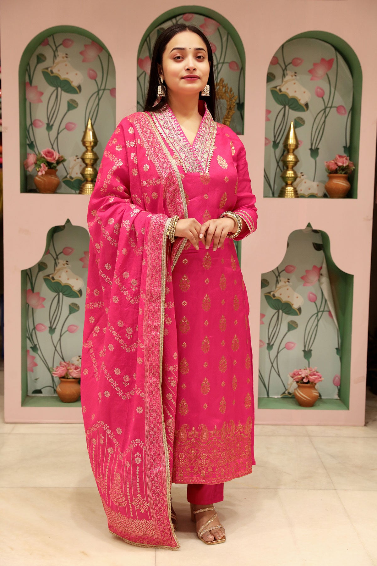 Rani Silk Neck-Embroidered Zari Sequin Suit Set