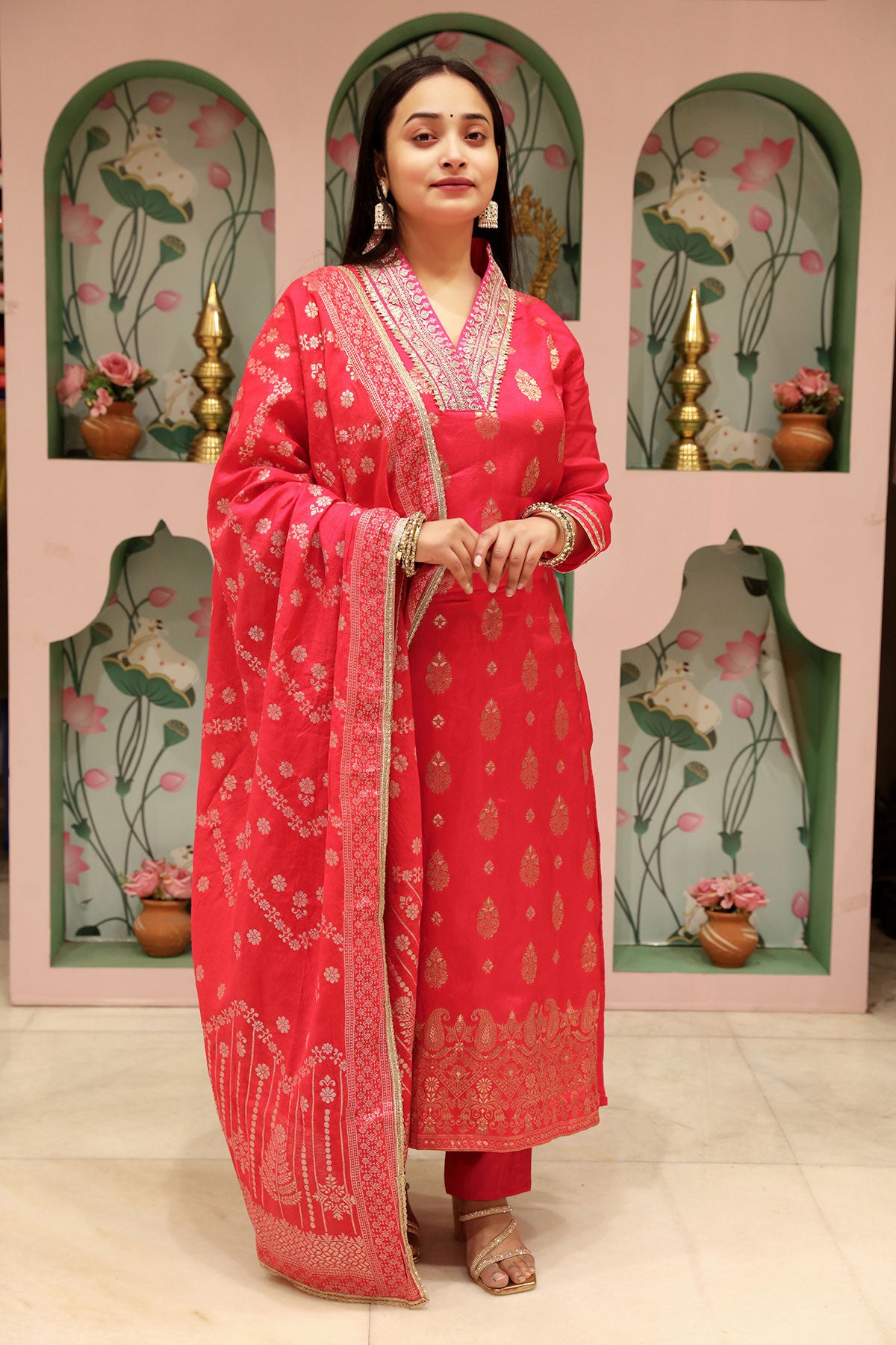 Red Silk Neck-Embroidered Zari Sequin Suit Set