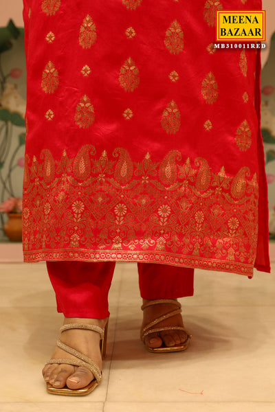 Red Silk Neck-Embroidered Zari Sequin Suit Set