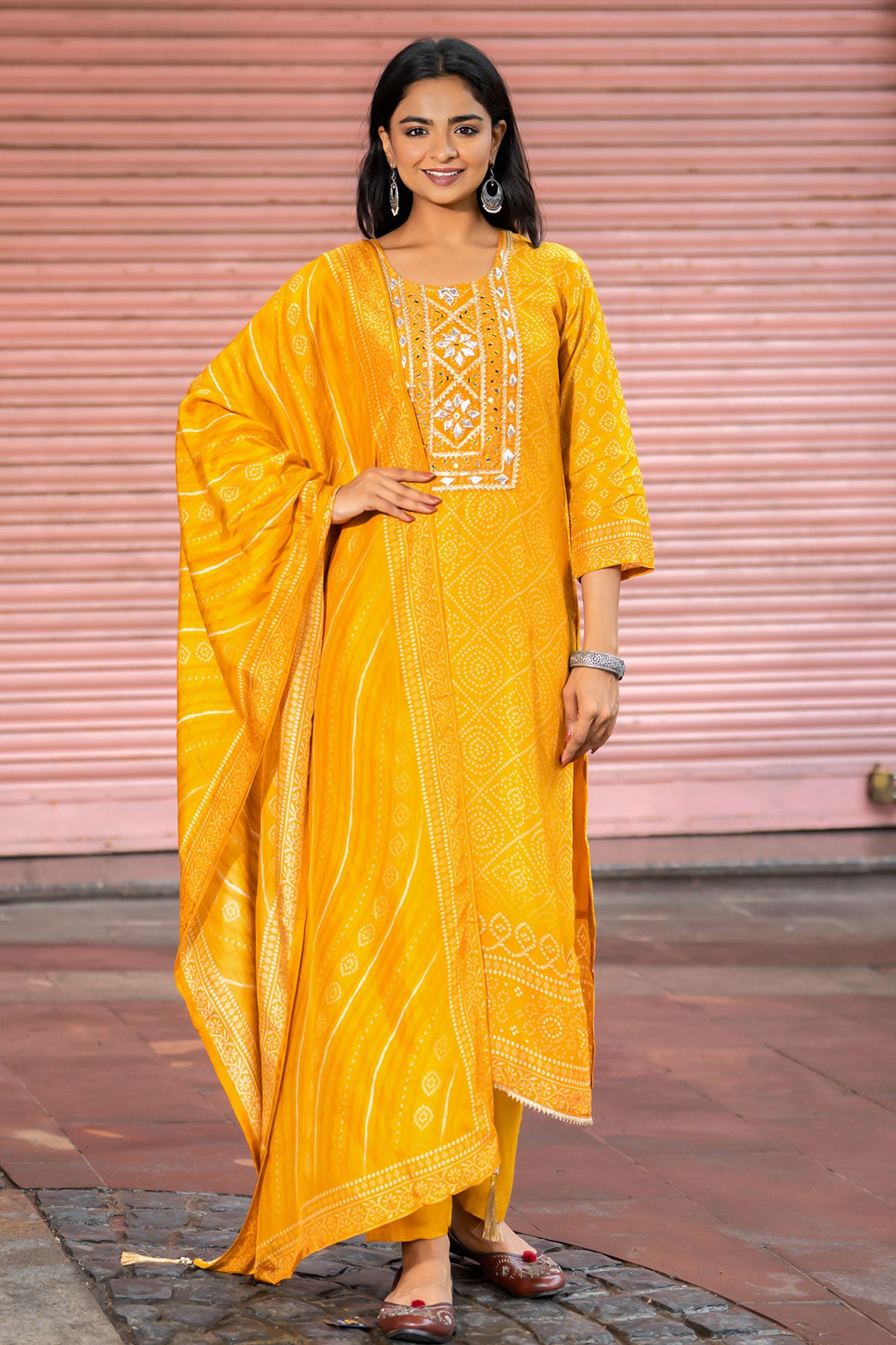 Mustard Muslin Gota Patti & Mirror Detailing Suit Set