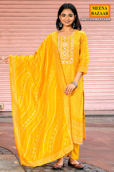 Mustard Muslin Gota Patti & Mirror Detailing Suit Set