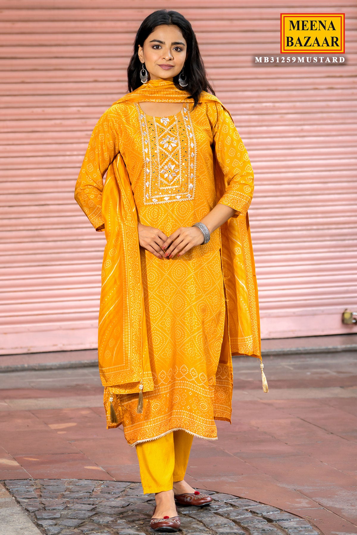 Mustard Muslin Gota Patti & Mirror Detailing Suit Set