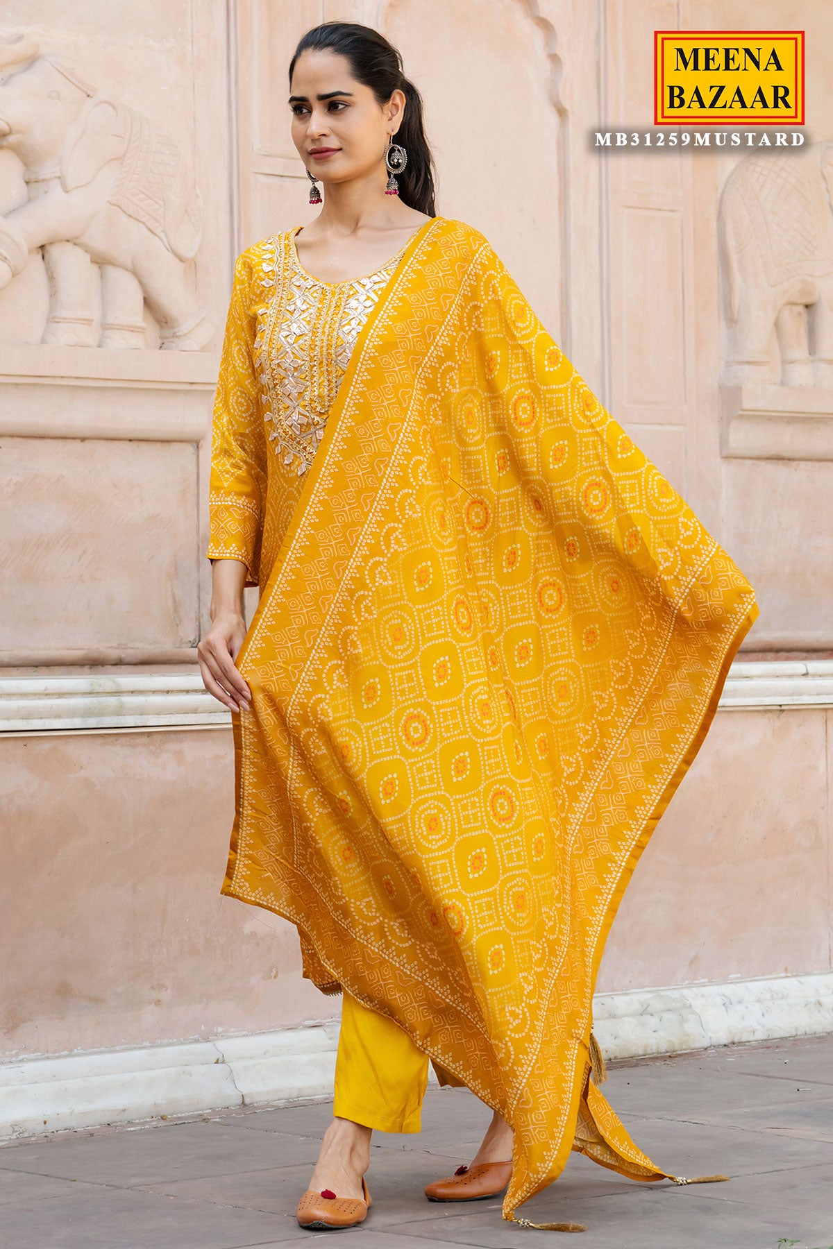 Mustard Muslin Gota Patti & Mirror Detailing Suit Set