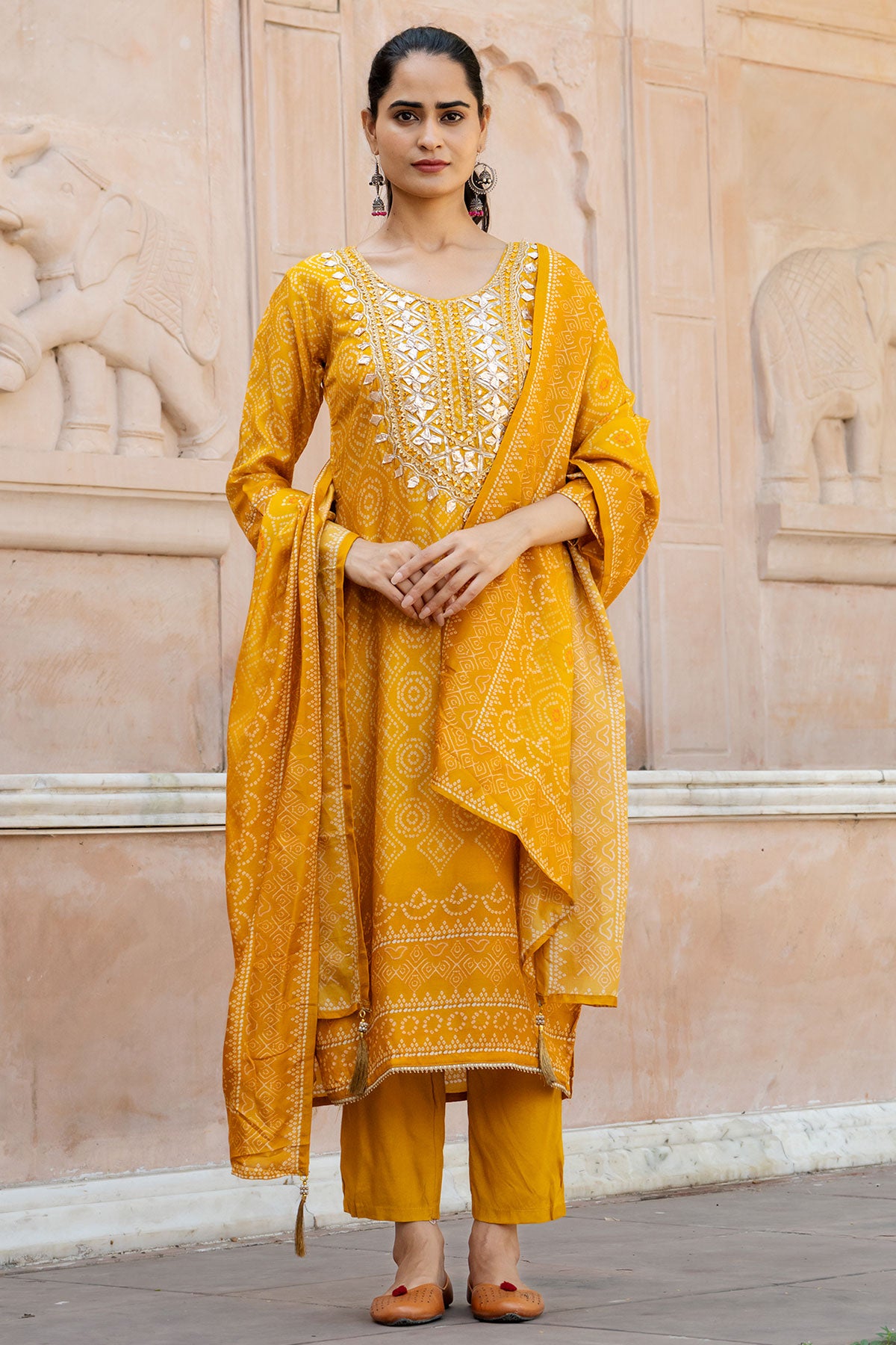 Mustard Muslin Gota Patti Embroidered Bandhani Printed Suit Set