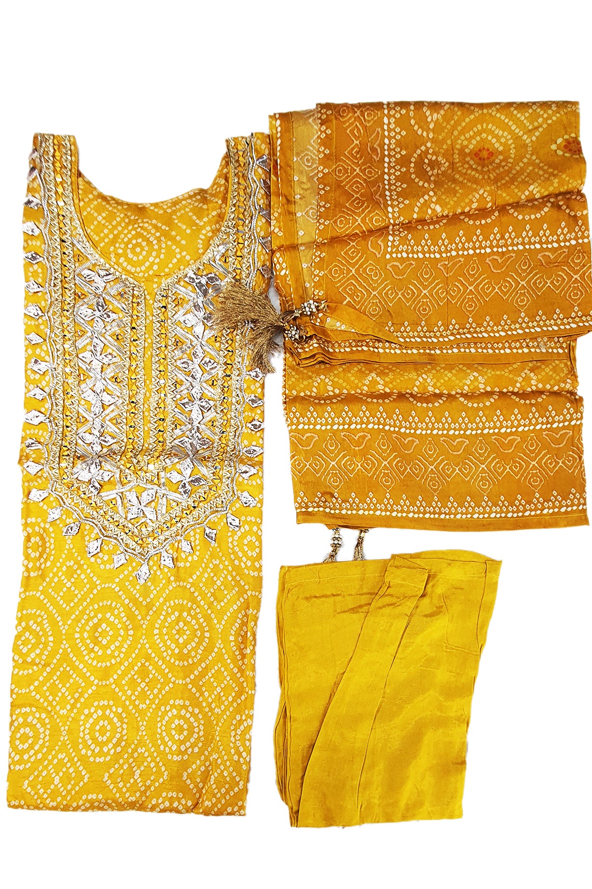 Mustard Muslin Gota Patti Embroidered Bandhani Printed Suit Set