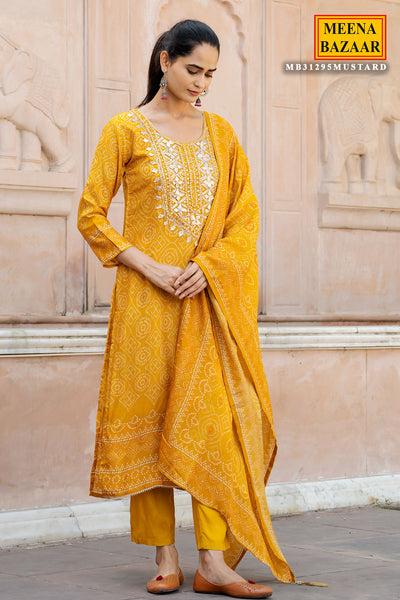 Mustard Muslin Gota Patti Embroidered Bandhani Printed Suit Set