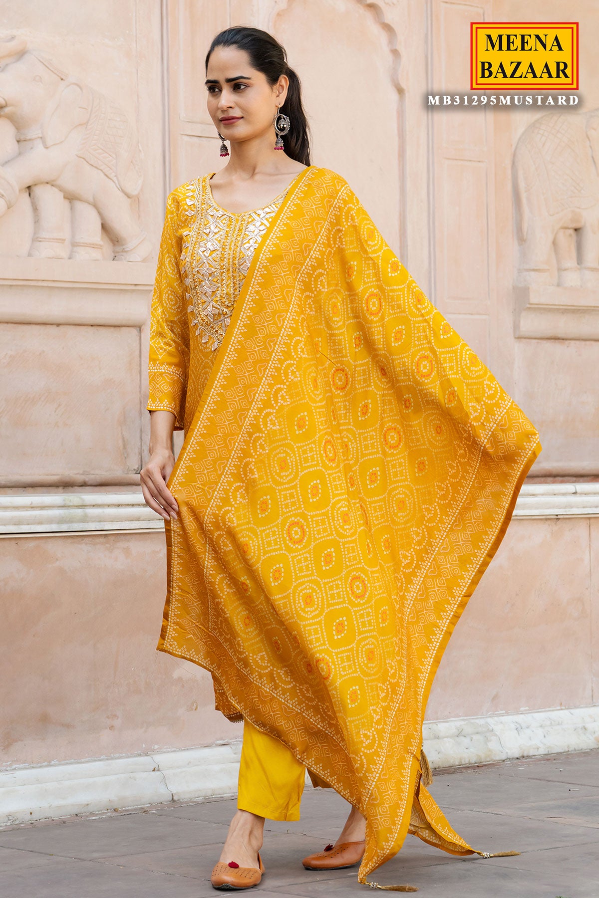 Mustard Muslin Gota Patti Embroidered Bandhani Printed Suit Set