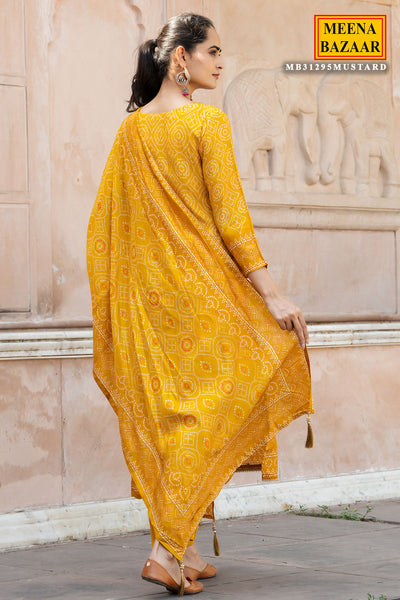 Mustard Muslin Gota Patti Embroidered Bandhani Printed Suit Set