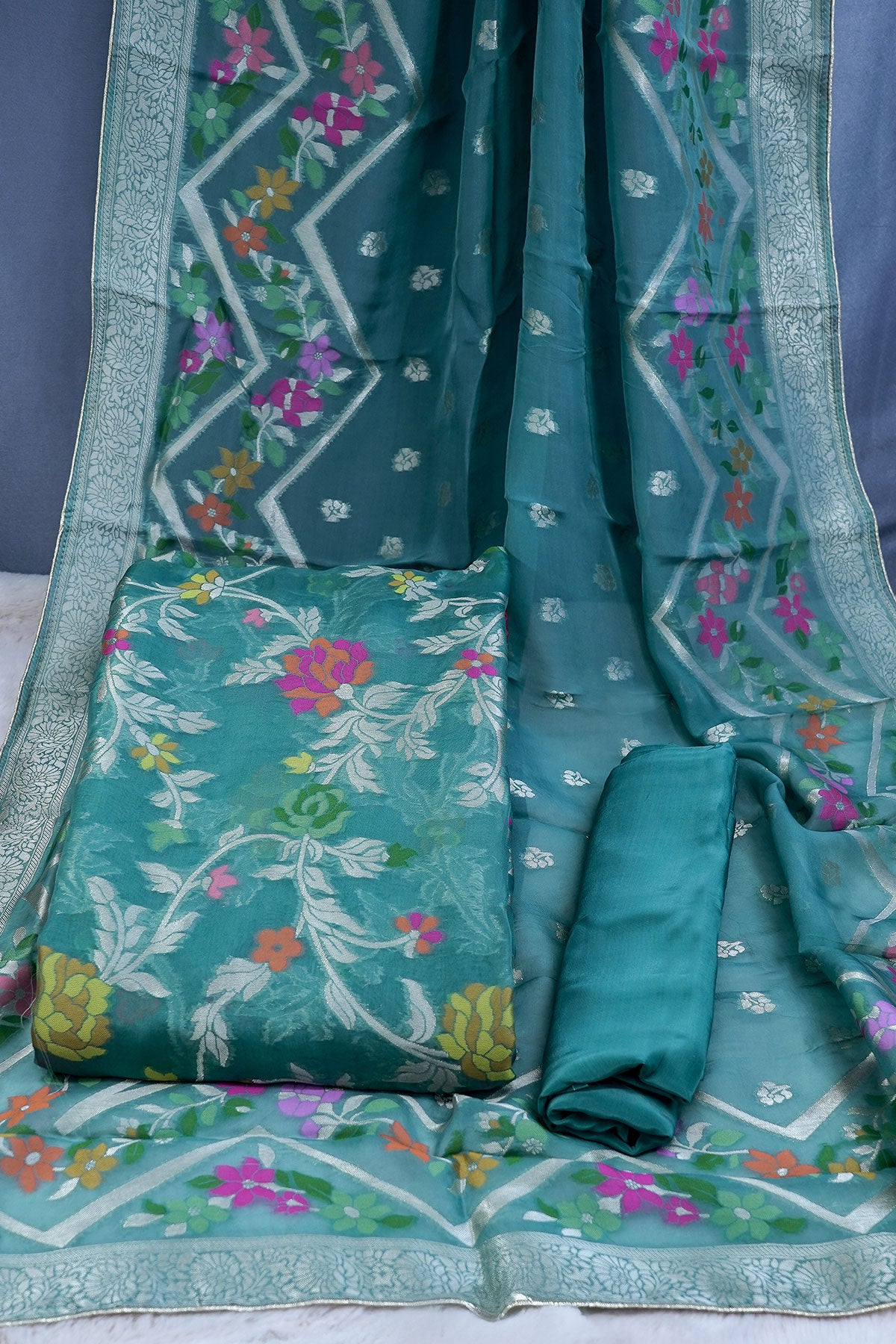 Sea Green Organza Floral Printed Suit Set