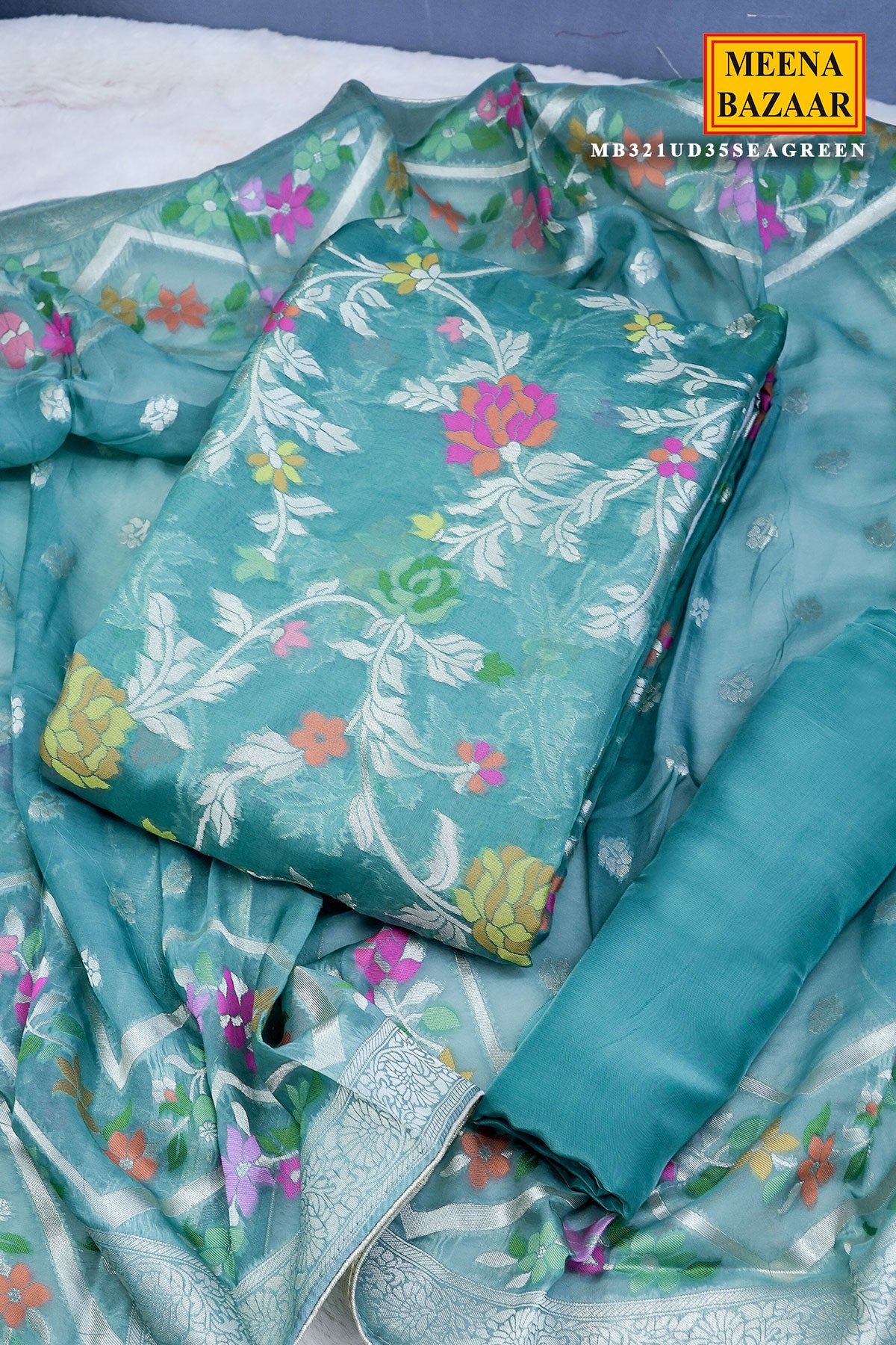 Sea Green Organza Floral Printed Suit Set