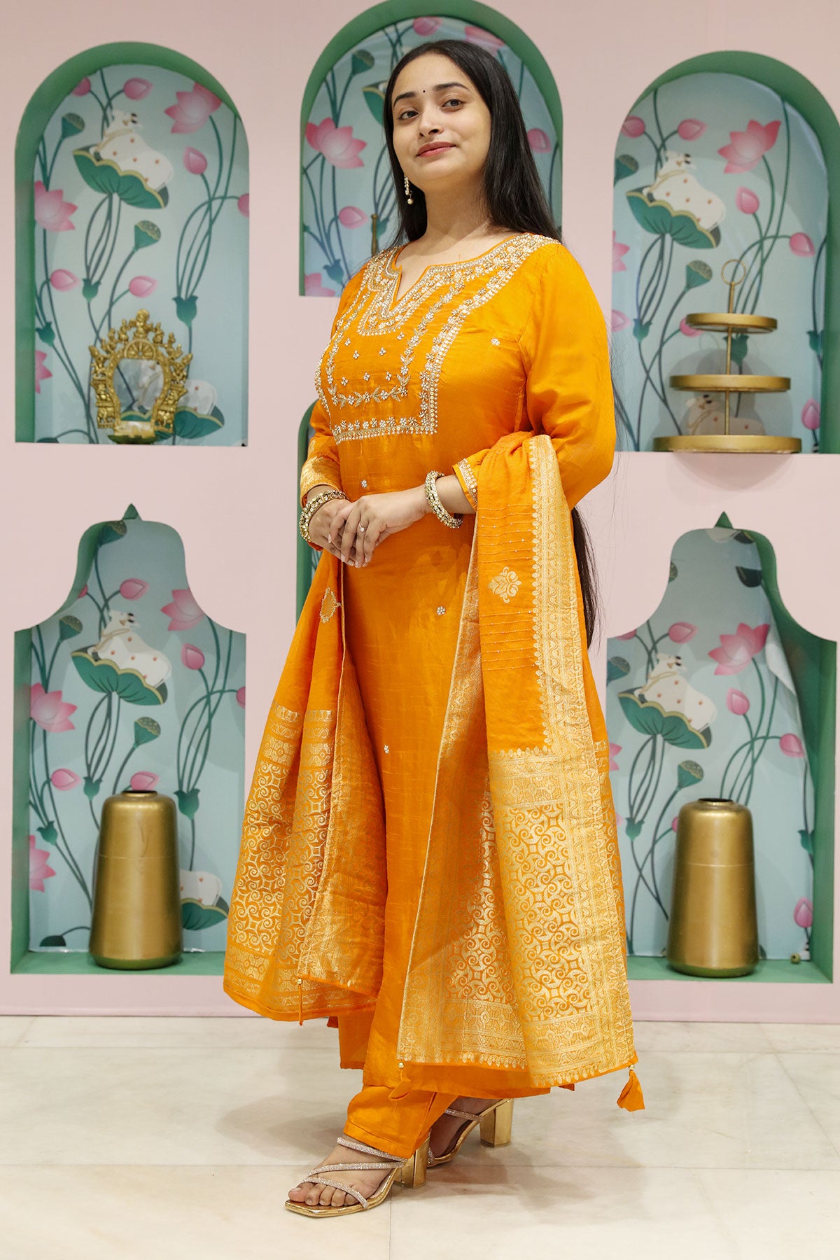 Orange Silk Cut-dana Sequin Zari Embroidered Suit Set