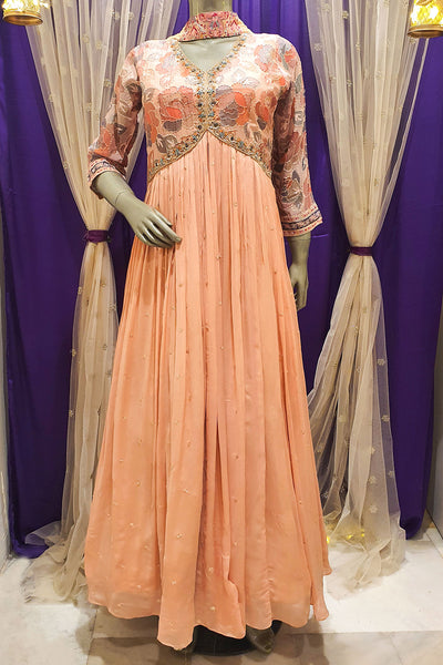 Peach Chinon Cut-dana Embroidered Floor-Length Gown with Dupatta