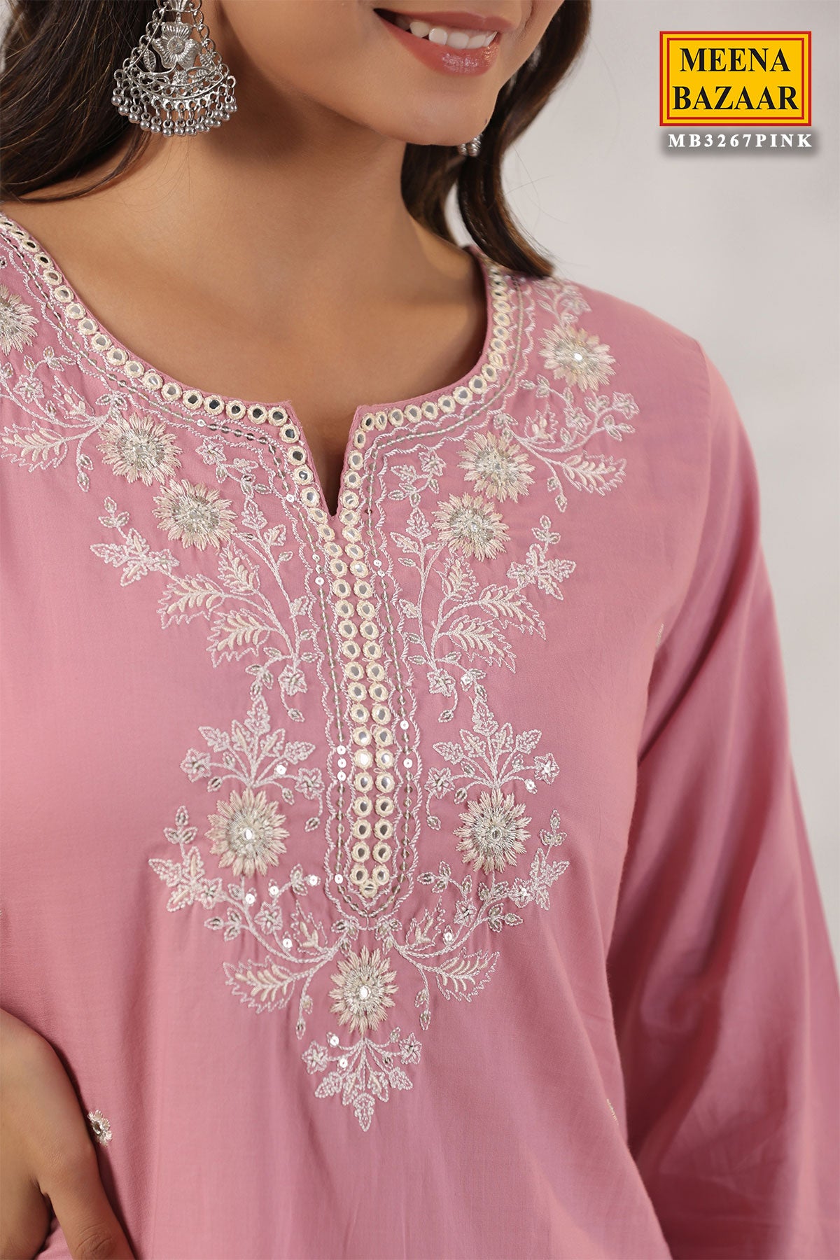 Pink Cotton Threadwork and Sequins Embroidered Kurti