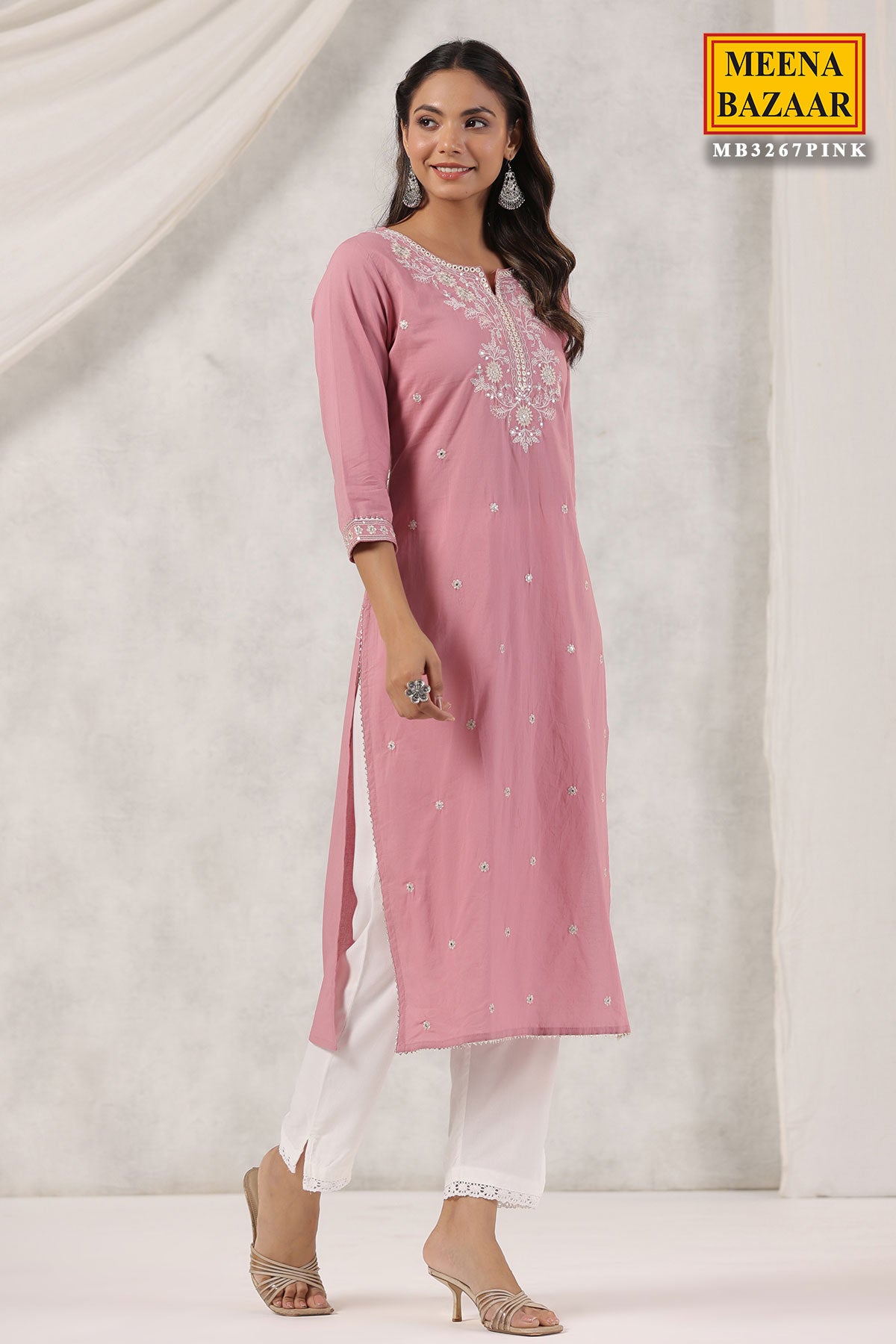 Pink Cotton Threadwork and Sequins Embroidered Kurti