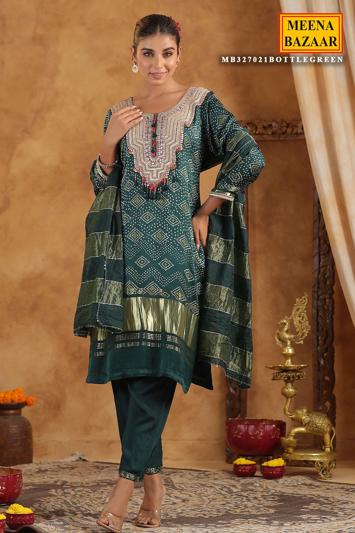 Bottle Green Bandhani Printed Gota Zari Embroidered Crepe Suit Set