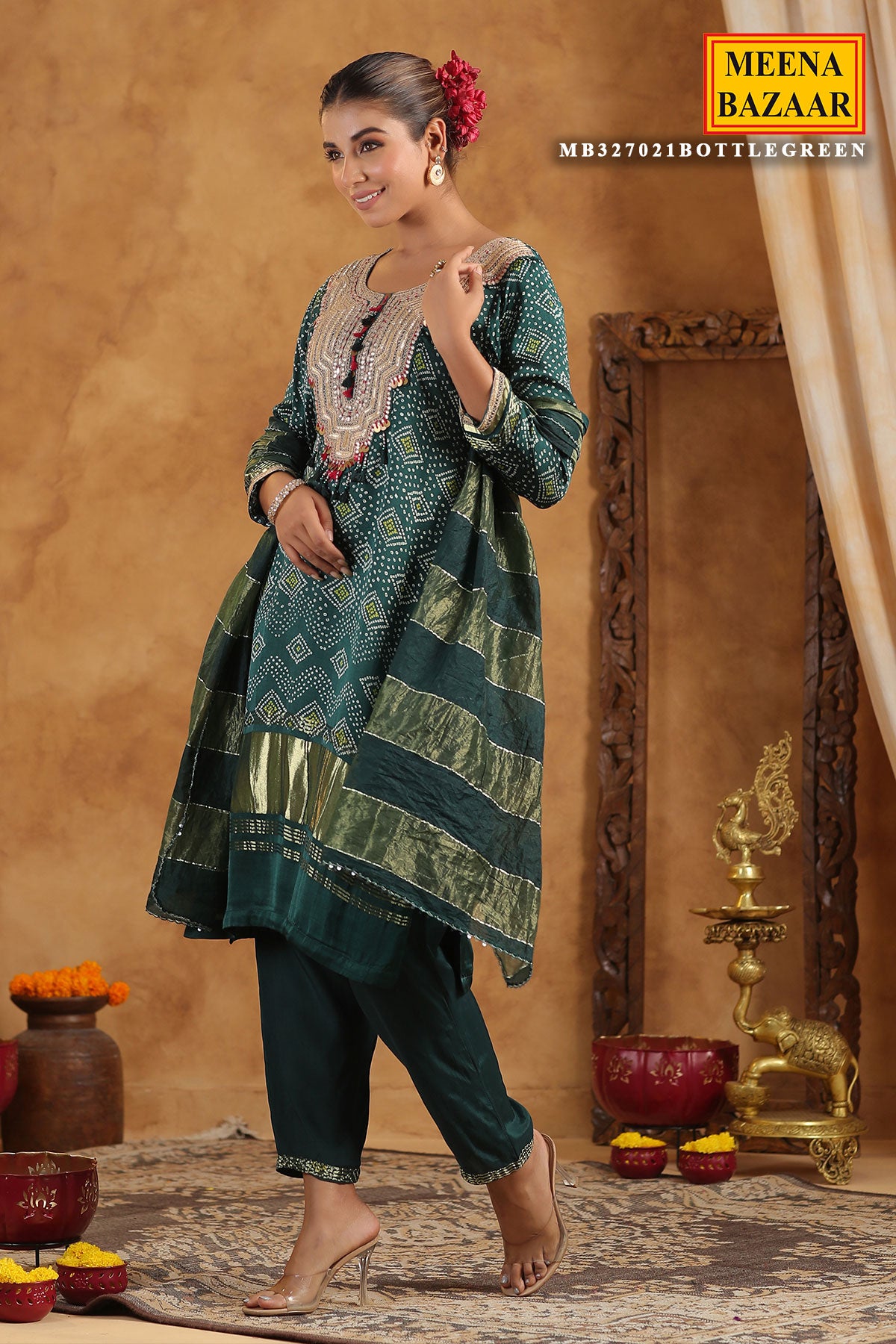 Bottle Green Bandhani Printed Gota Zari Embroidered Crepe Suit Set