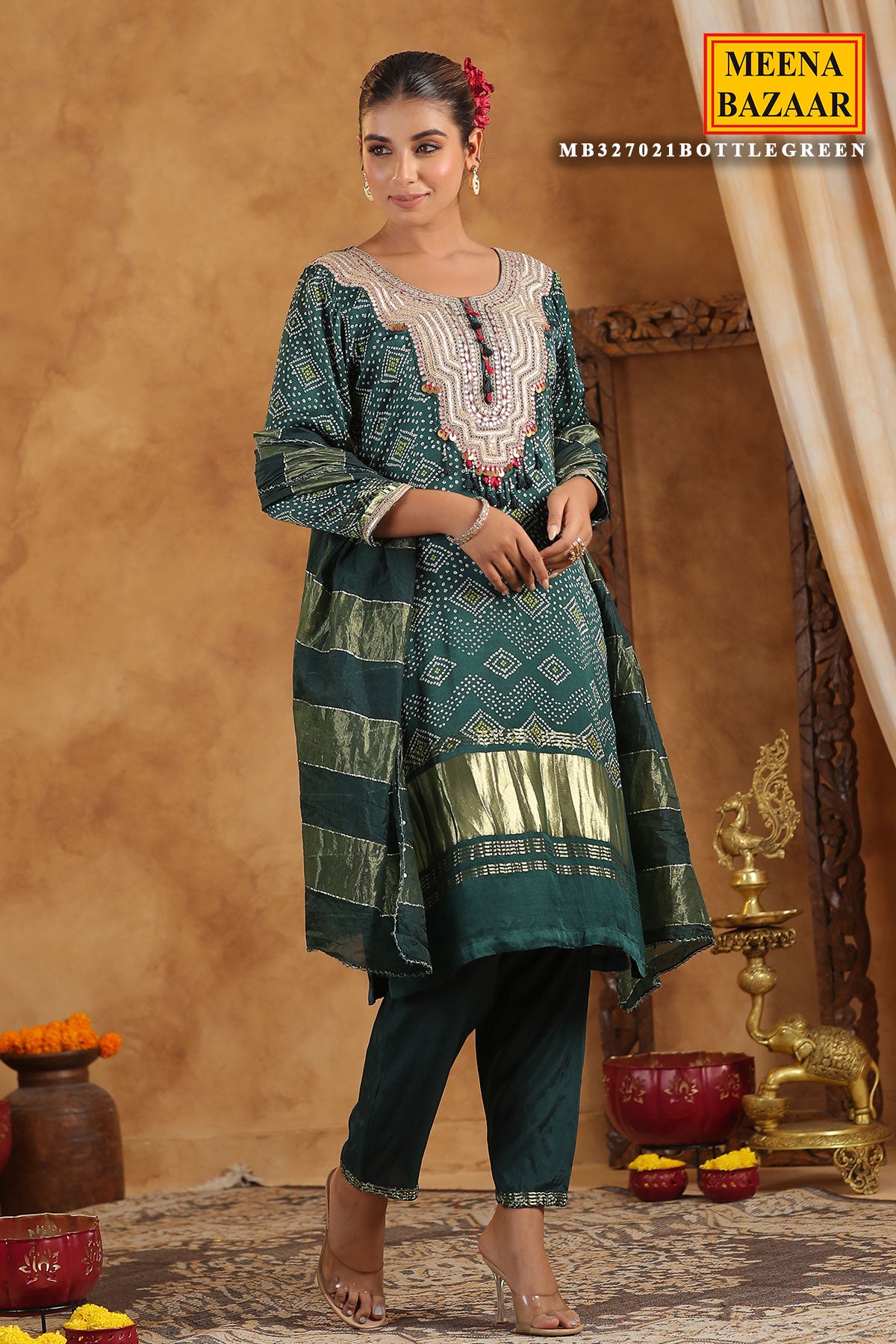 Bottle Green Bandhani Printed Gota Zari Embroidered Crepe Suit Set