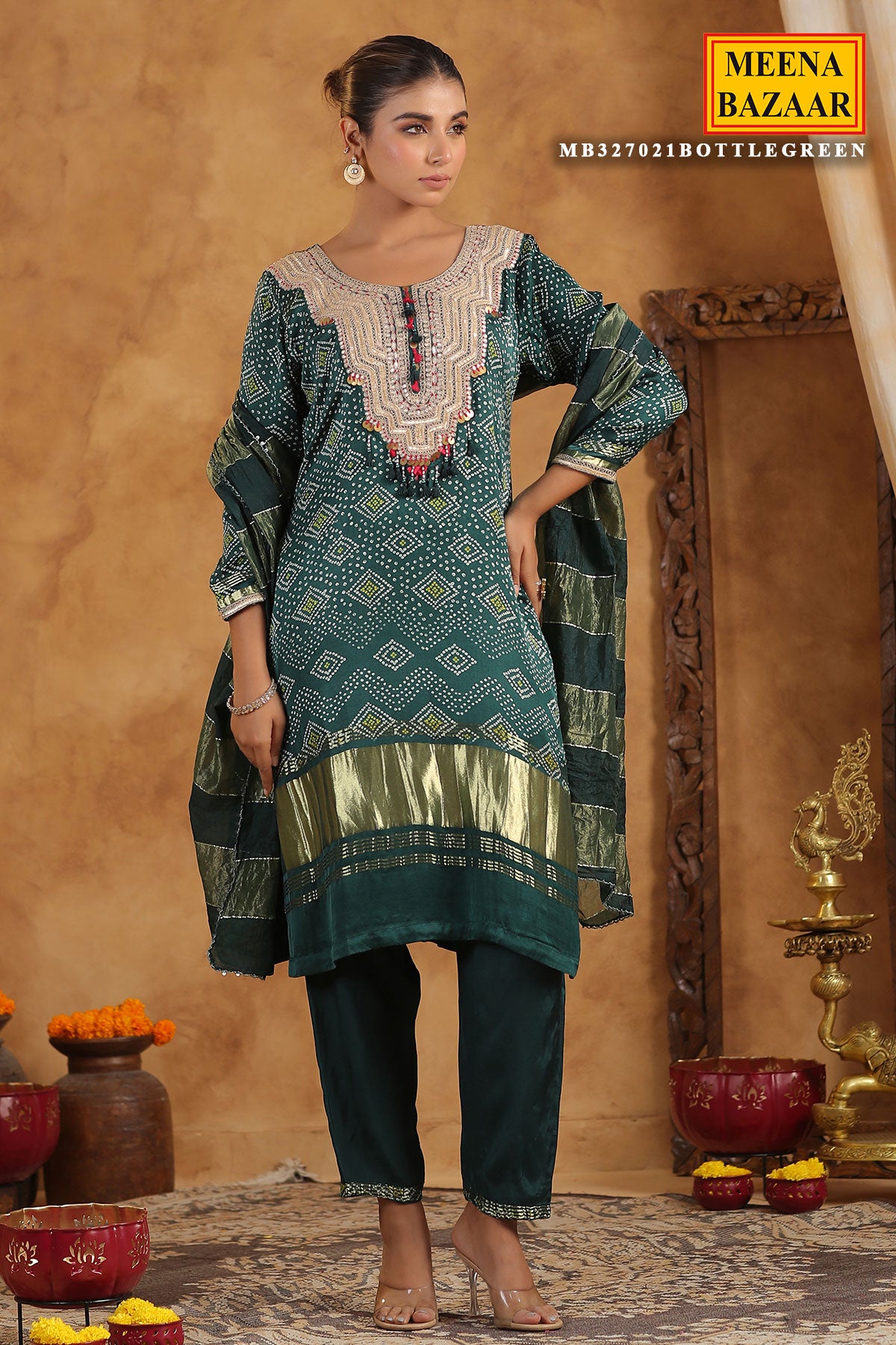 Bottle Green Bandhani Printed Gota Zari Embroidered Crepe Suit Set