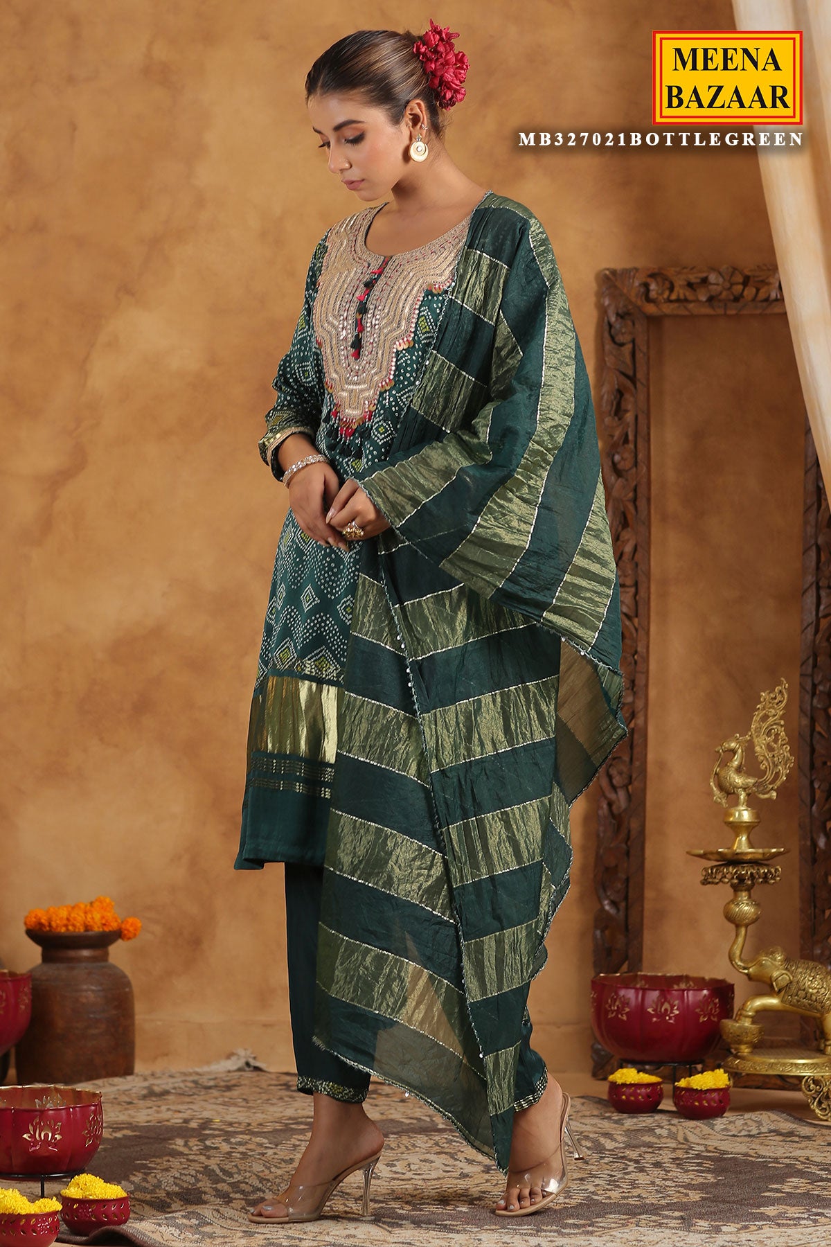 Bottle Green Bandhani Printed Gota Zari Embroidered Crepe Suit Set