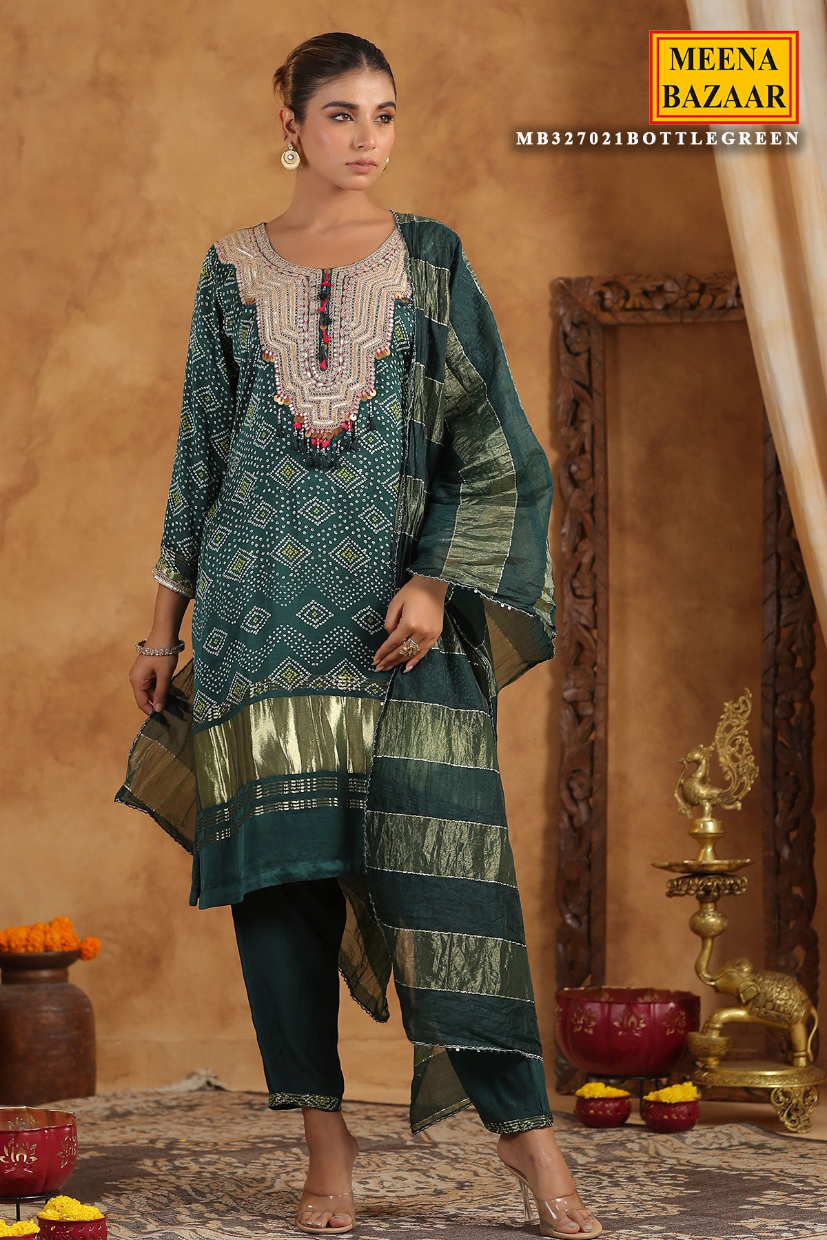 Bottle Green Bandhani Printed Gota Zari Embroidered Crepe Suit Set