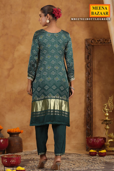 Bottle Green Bandhani Printed Gota Zari Embroidered Crepe Suit Set