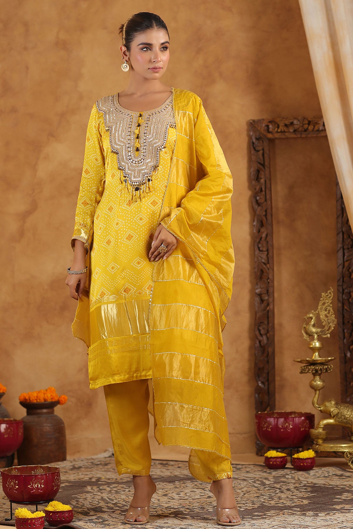 Mustard Bandhani Printed Gota Zari Embroidered Crepe Suit Set