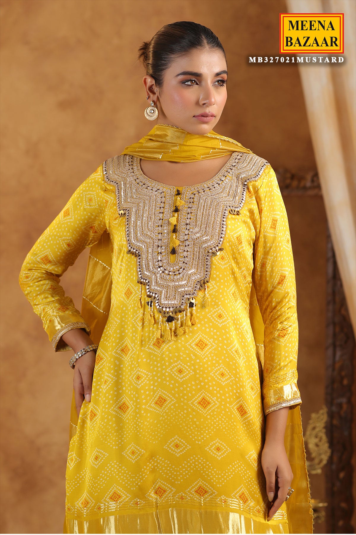 Mustard Bandhani Printed Gota Zari Embroidered Crepe Suit Set