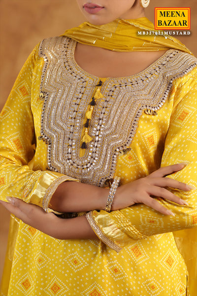 Mustard Bandhani Printed Gota Zari Embroidered Crepe Suit Set