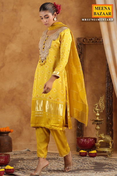 Mustard Bandhani Printed Gota Zari Embroidered Crepe Suit Set