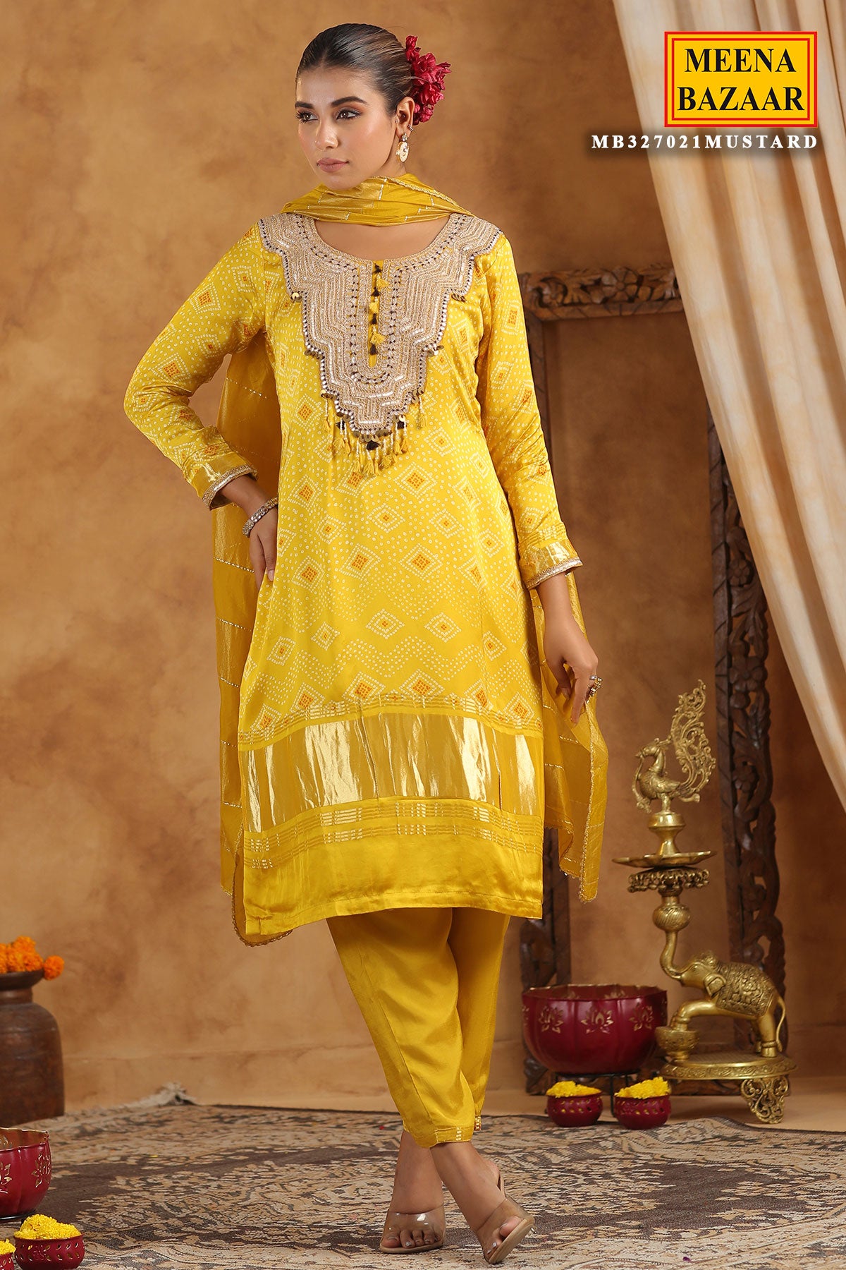 Mustard Bandhani Printed Gota Zari Embroidered Crepe Suit Set