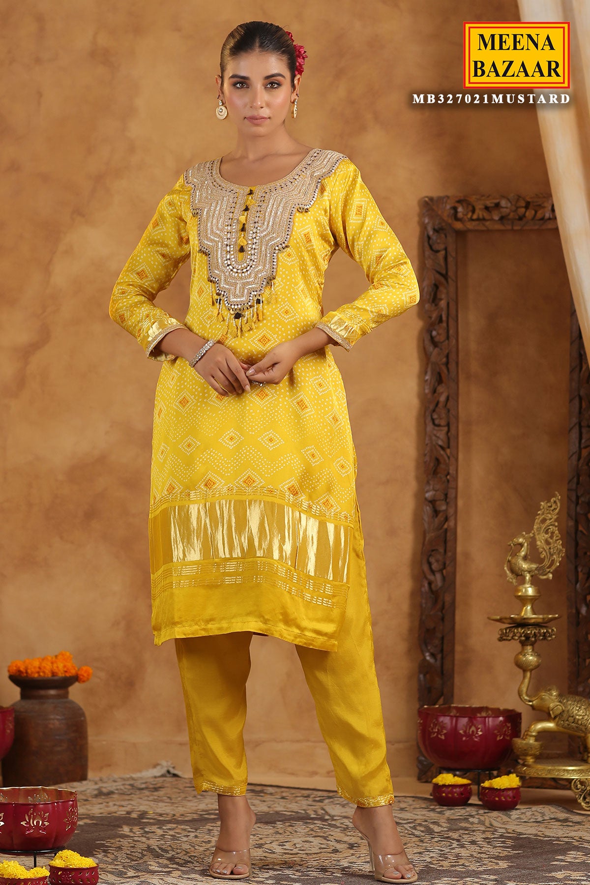 Mustard Bandhani Printed Gota Zari Embroidered Crepe Suit Set