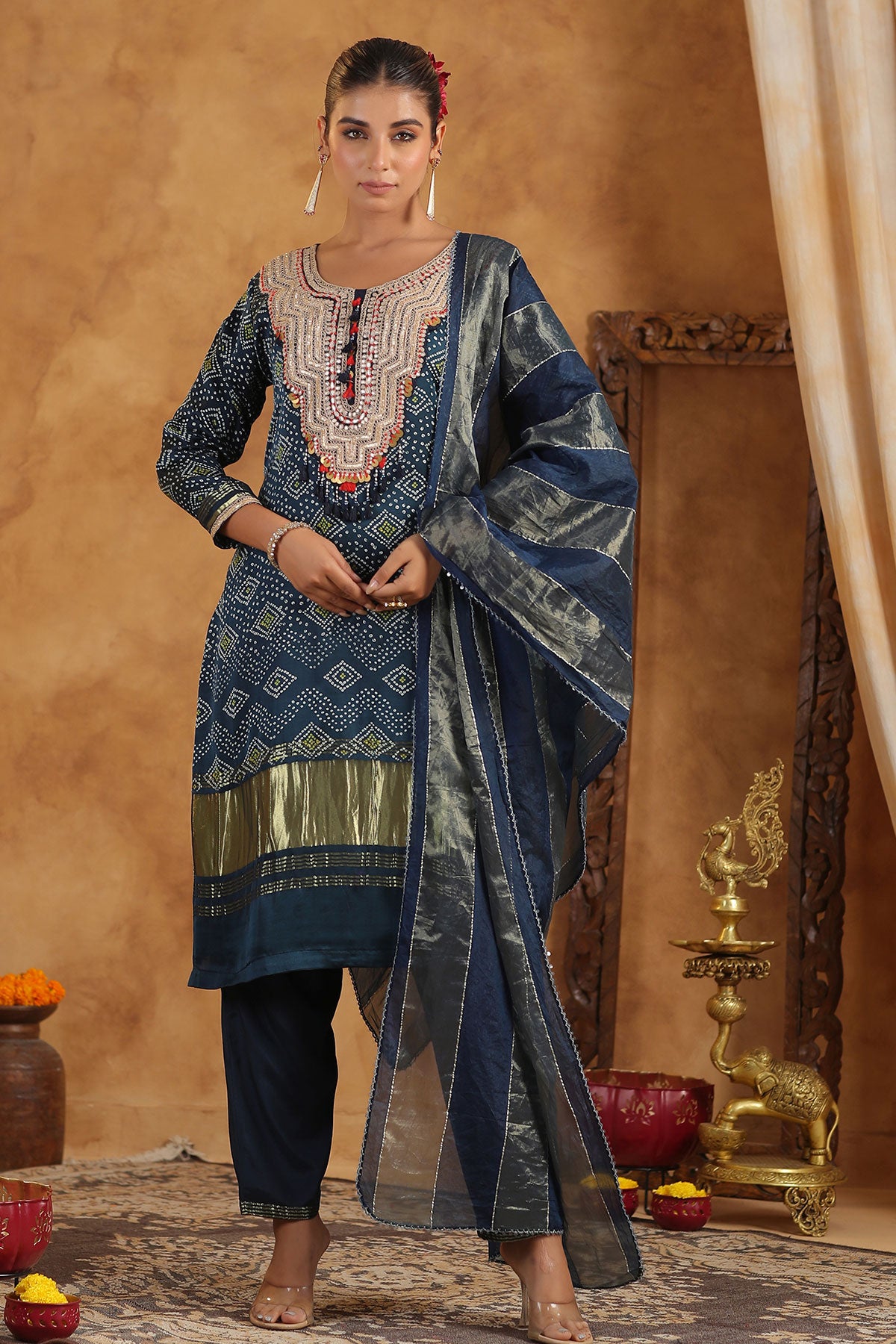 Navy Bandhani Printed Gota Zari Embroidered Crepe Suit Set