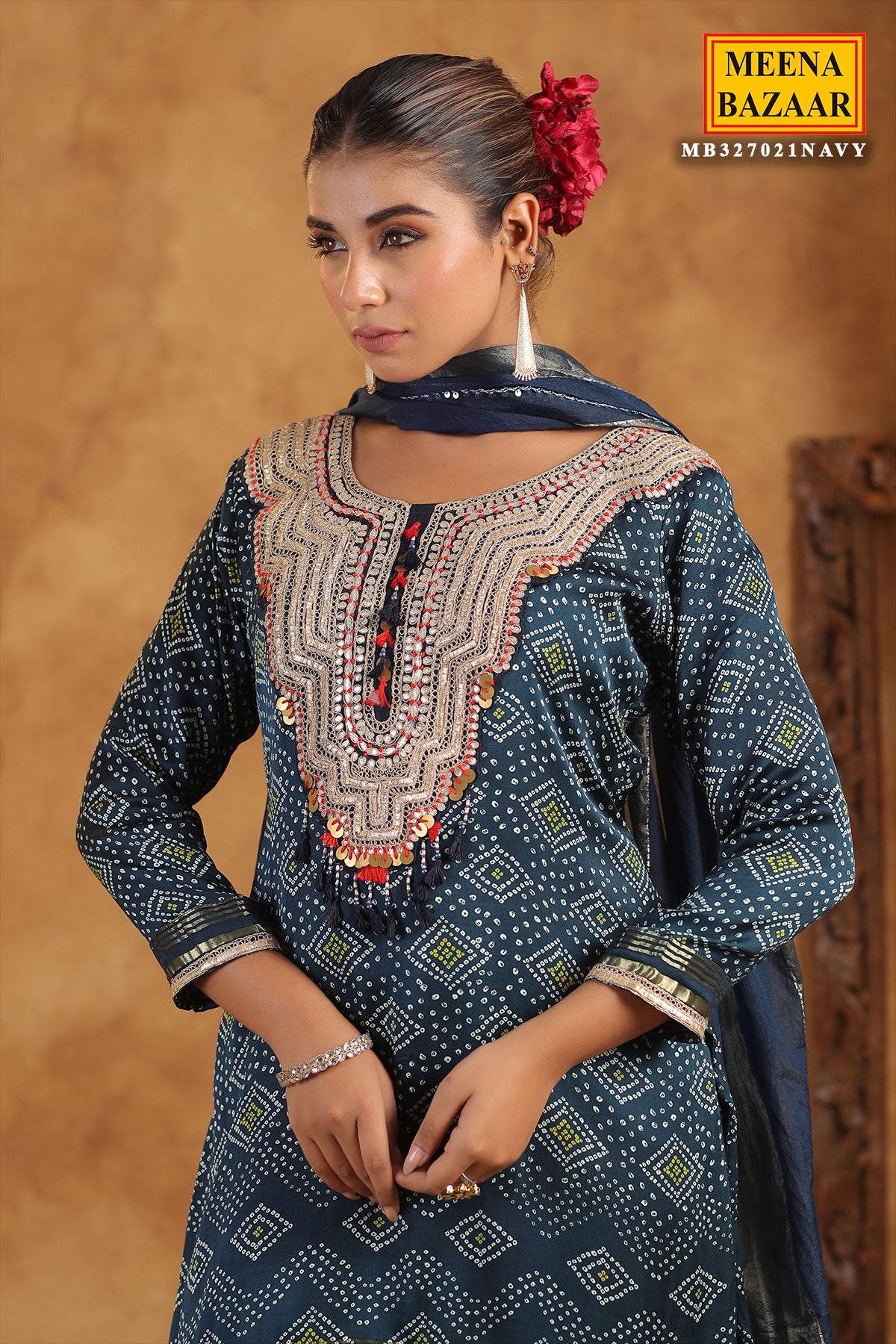 Navy Bandhani Printed Gota Zari Embroidered Crepe Suit Set