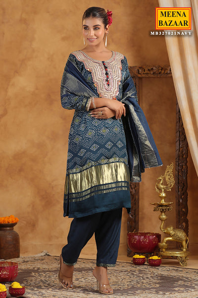 Navy Bandhani Printed Gota Zari Embroidered Crepe Suit Set