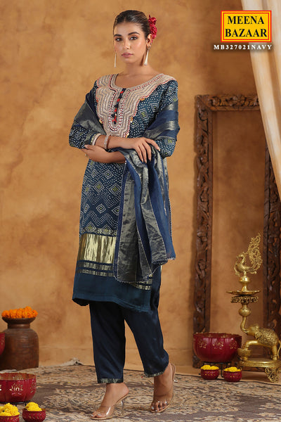 Navy Bandhani Printed Gota Zari Embroidered Crepe Suit Set