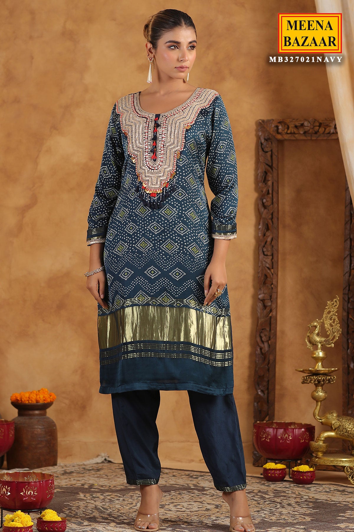 Navy Bandhani Printed Gota Zari Embroidered Crepe Suit Set