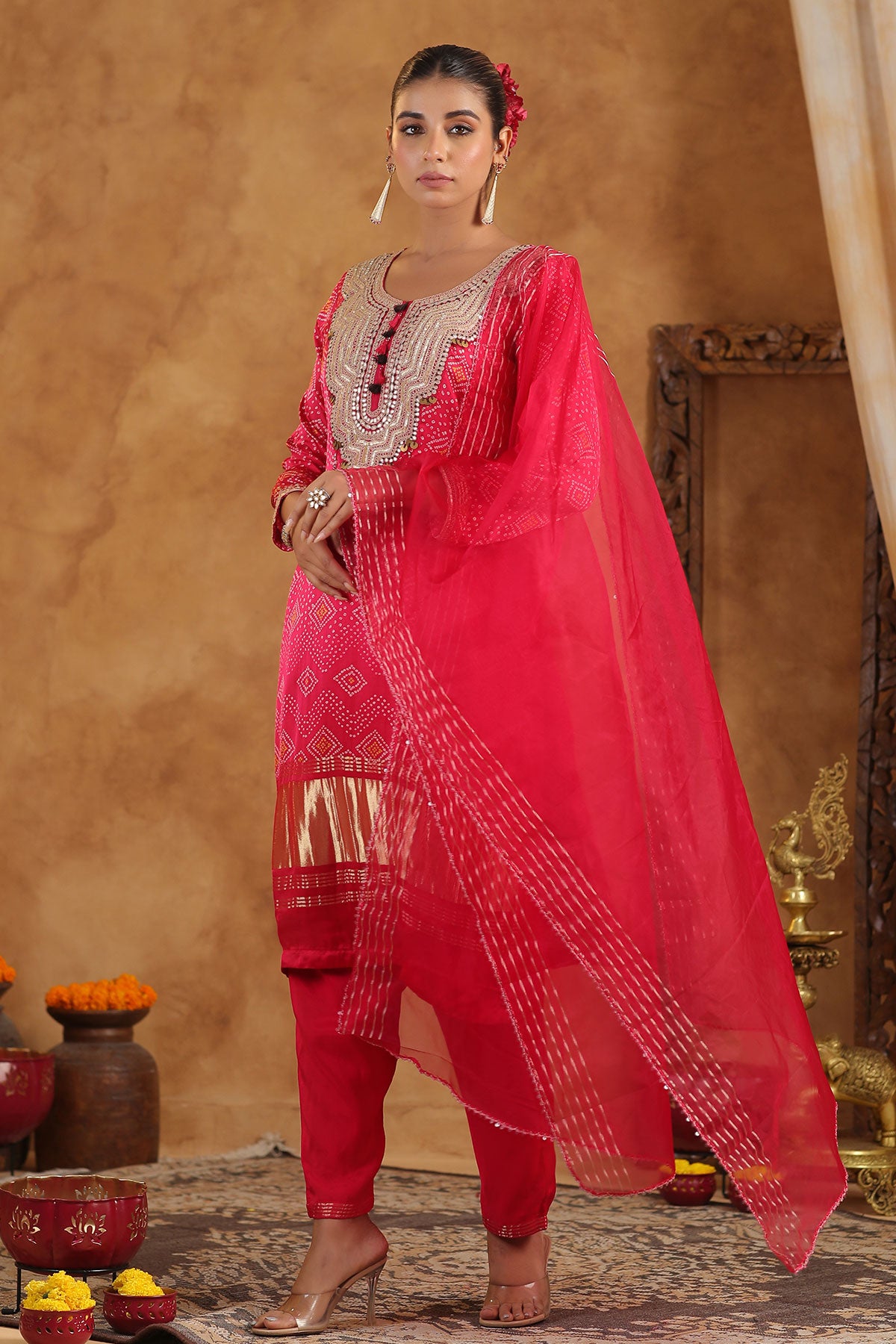 Rani Bandhani Printed Gota Zari Embroidered Crepe Suit Set