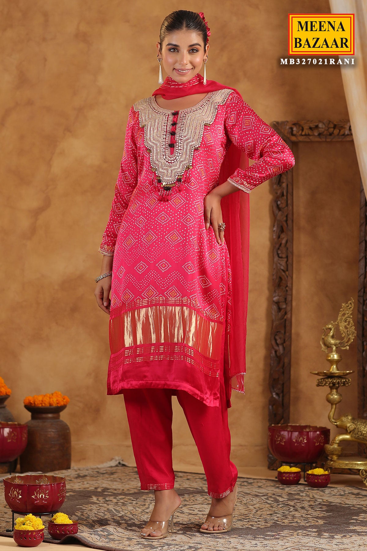 Rani Bandhani Printed Gota Zari Embroidered Crepe Suit Set