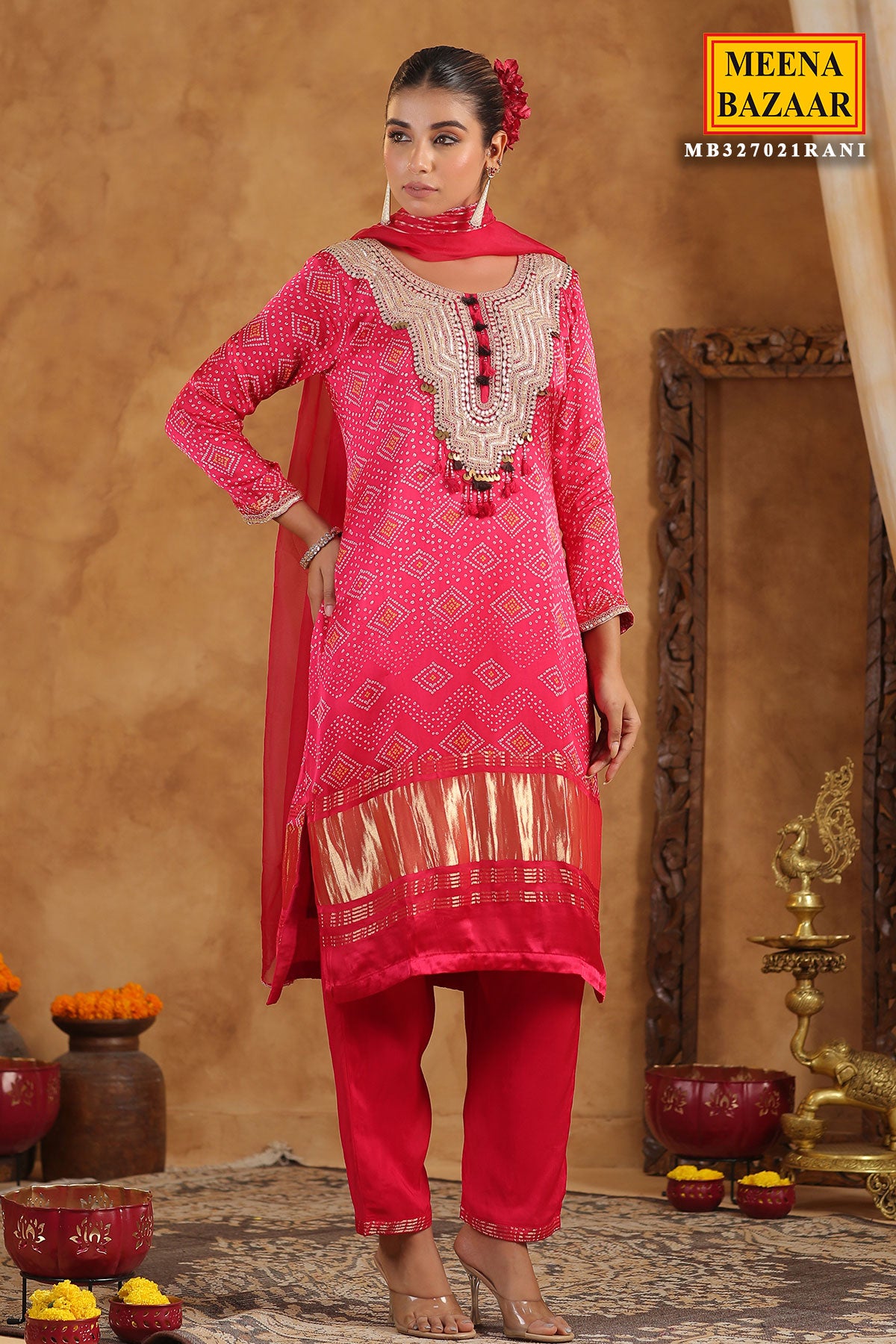 Rani Bandhani Printed Gota Zari Embroidered Crepe Suit Set