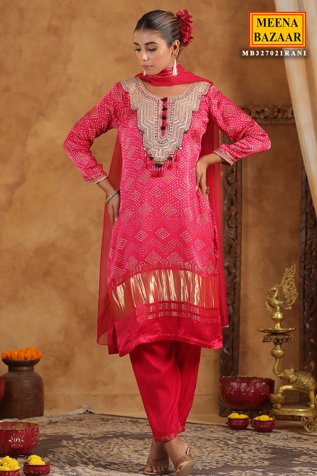 Rani Bandhani Printed Gota Zari Embroidered Crepe Suit Set