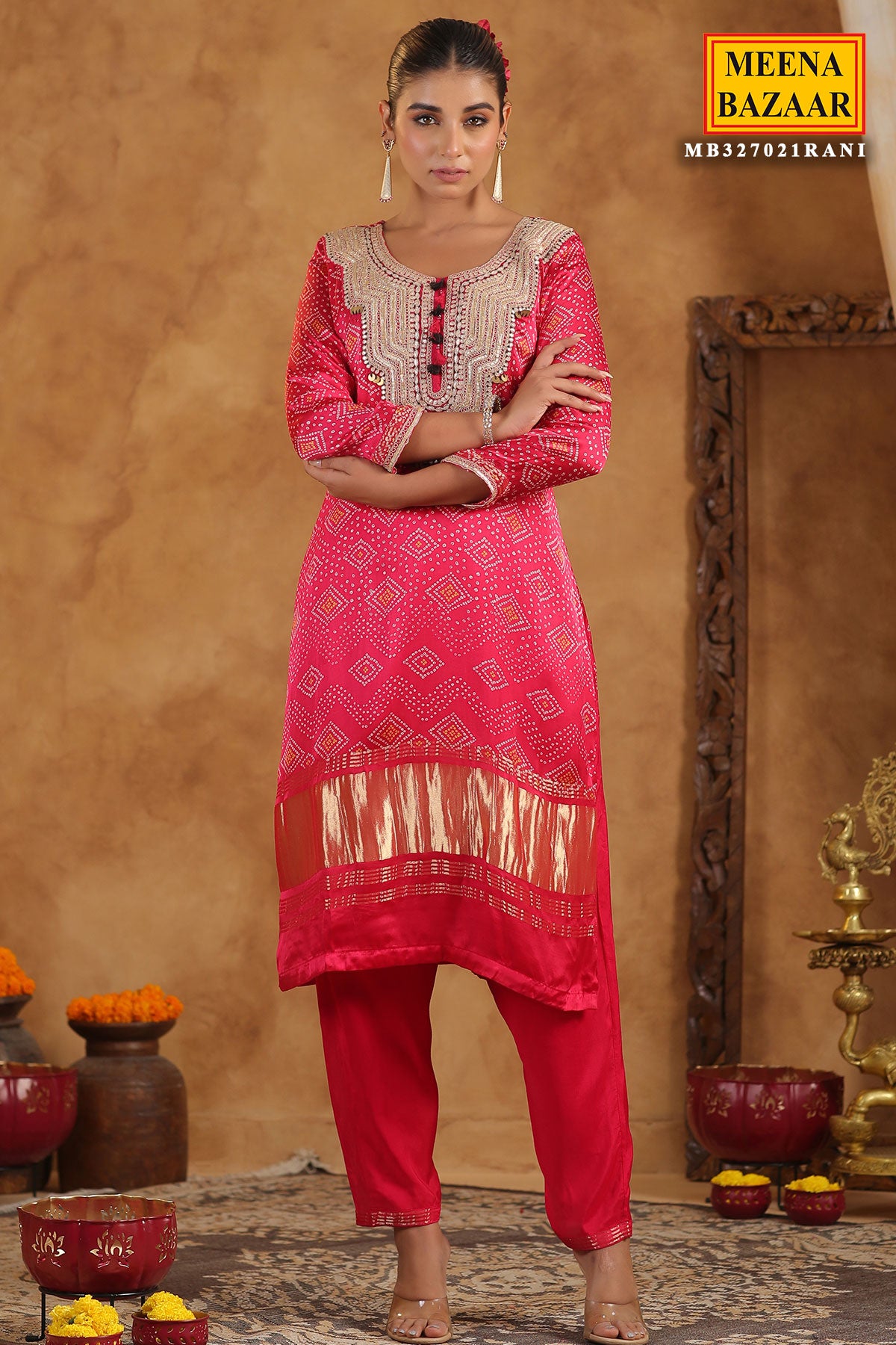 Rani Bandhani Printed Gota Zari Embroidered Crepe Suit Set