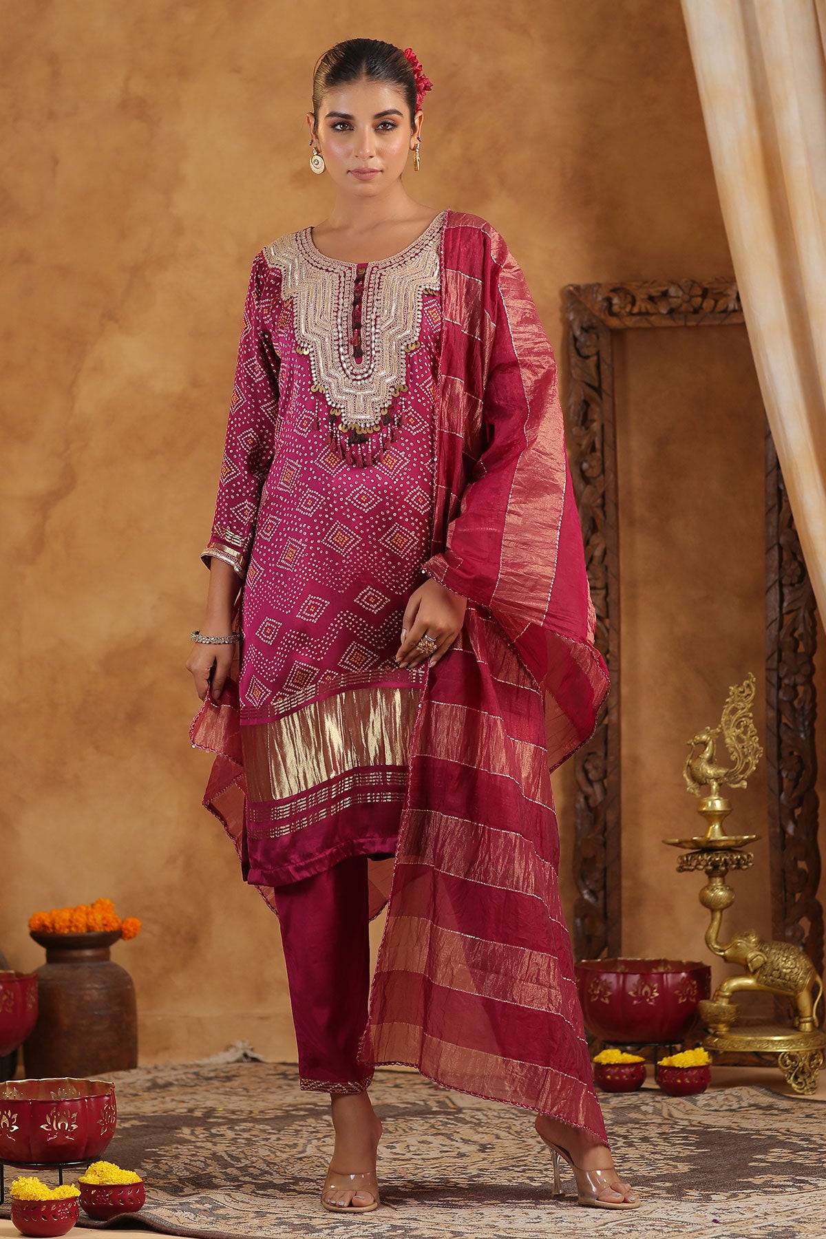 Wine Bandhani Printed Gota Zari Embroidered Crepe Suit Set